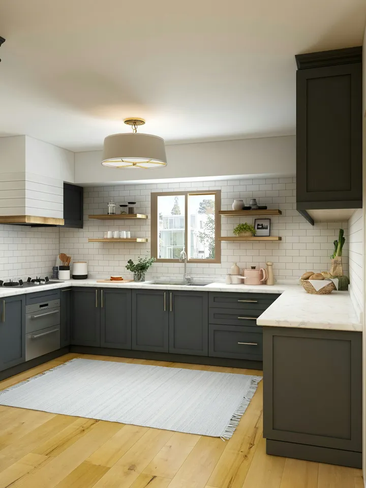 Kitchen with dark cabinets and subway tile backsplash